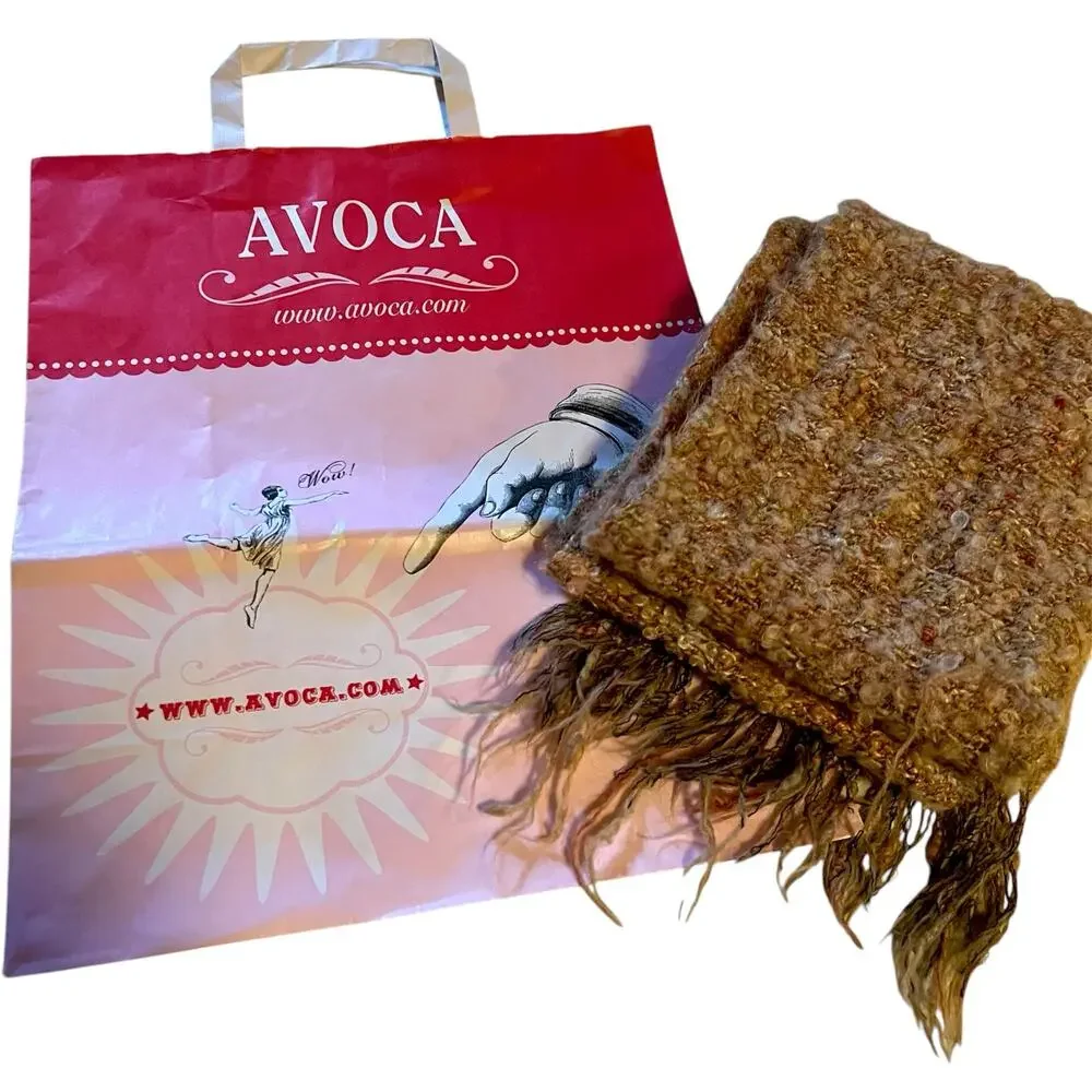 Avoca Ireland Boucle Knit Fringe Scarf Apricot Textured Irish Woven Neutral Wool